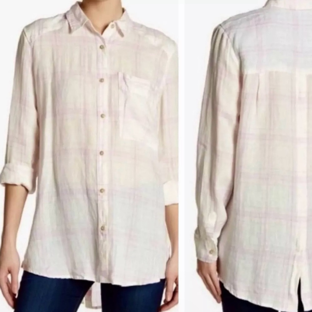 Free People No Limits Shirt Womens M Linen Plaid Flannel Button Top Pink White